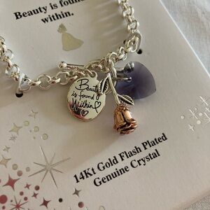 NIB DISNEY CHARM BRACELET 14kt Gold Flash Plated Genuine Crystal on Disc Rose